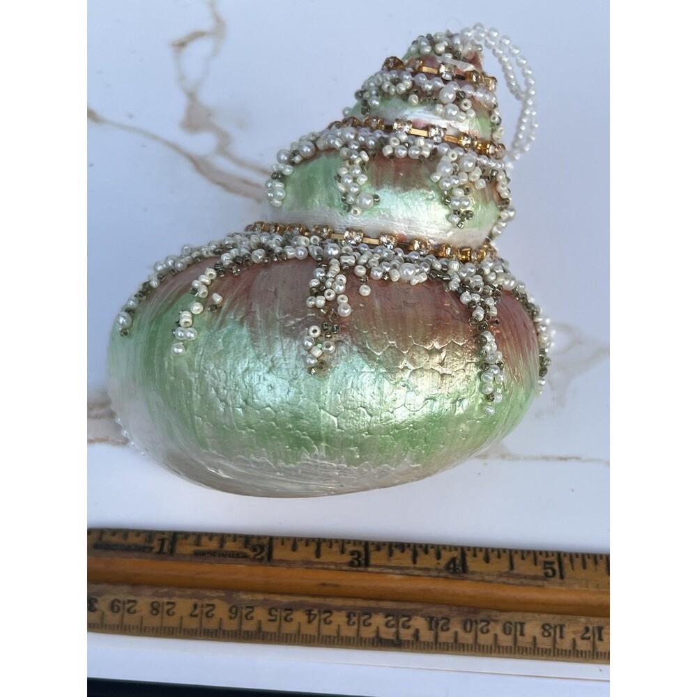 Large Jeweled Seashell Christmas Ornaments Pearl Beaded Rhinestone Coastal Pair - Picture 3 of 16